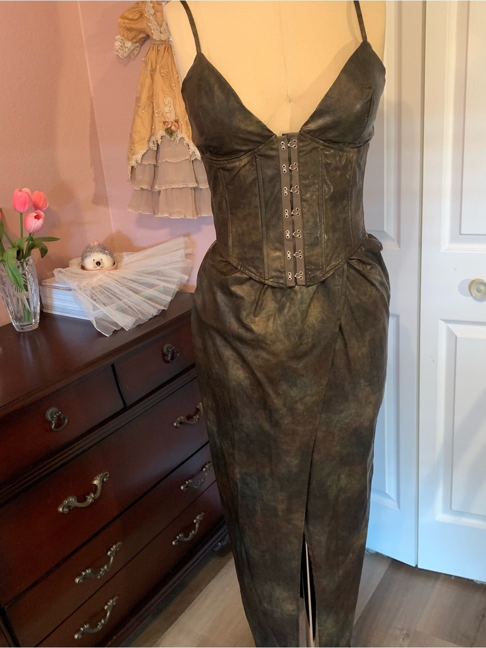 FASHION NOVA NWT Hot Moves Faux Leather Corset Maxi Skirt Set Distressed Brown